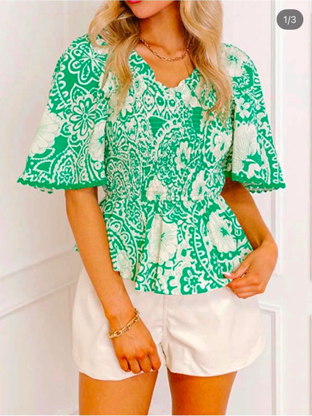 Source Unknown Green Floral Flutter Sleeve Peplum Top